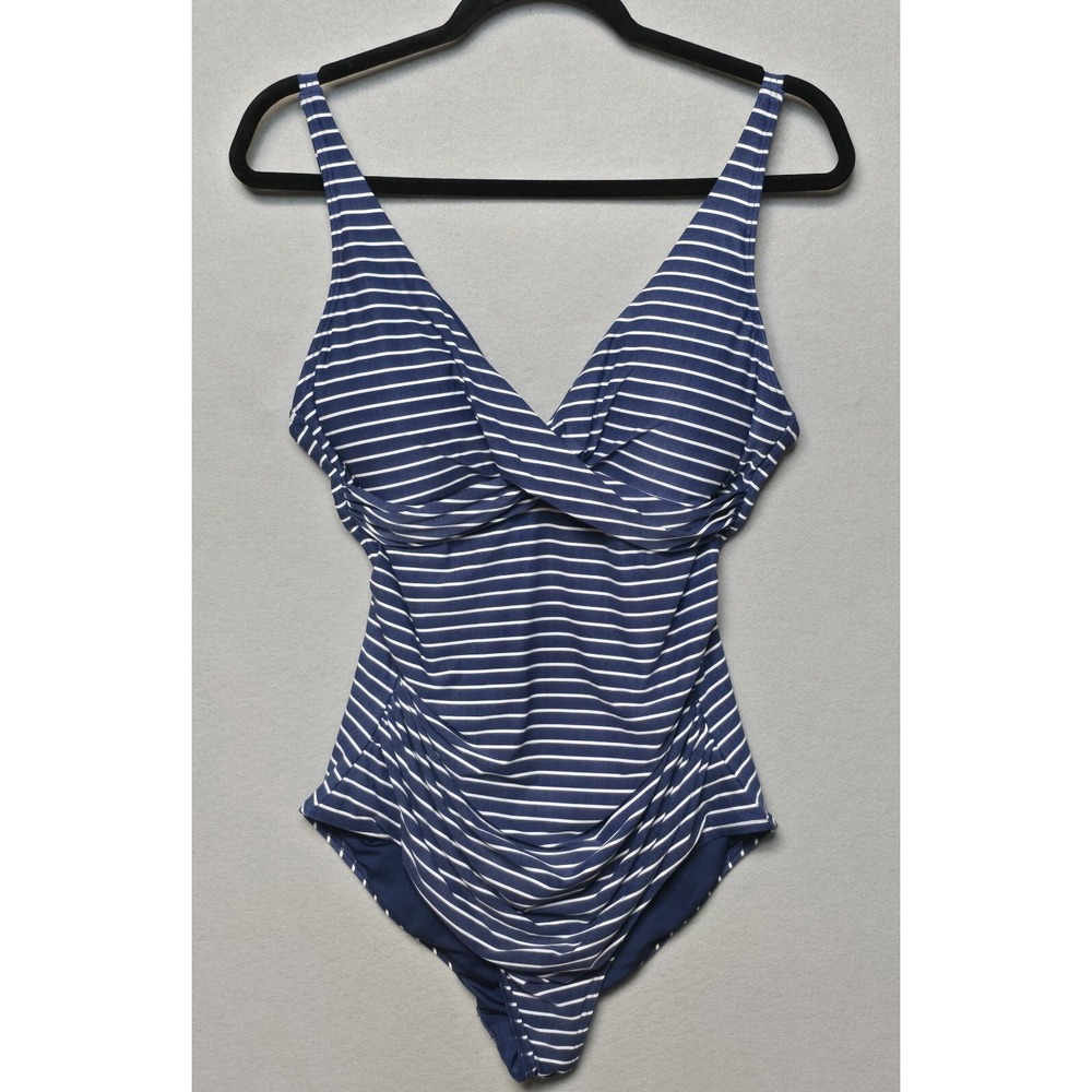 NipTuck‎ Swim One Piece Swimsuit Womens Size 10 Navy White Stripe Tummy Control